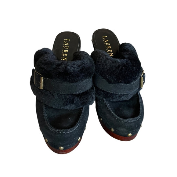 LAUREN RALPH LAUREN Woman's Size 6.5 Black Suede Faux Fur 5" Heel Platform Clogs - Picture 9 of 12